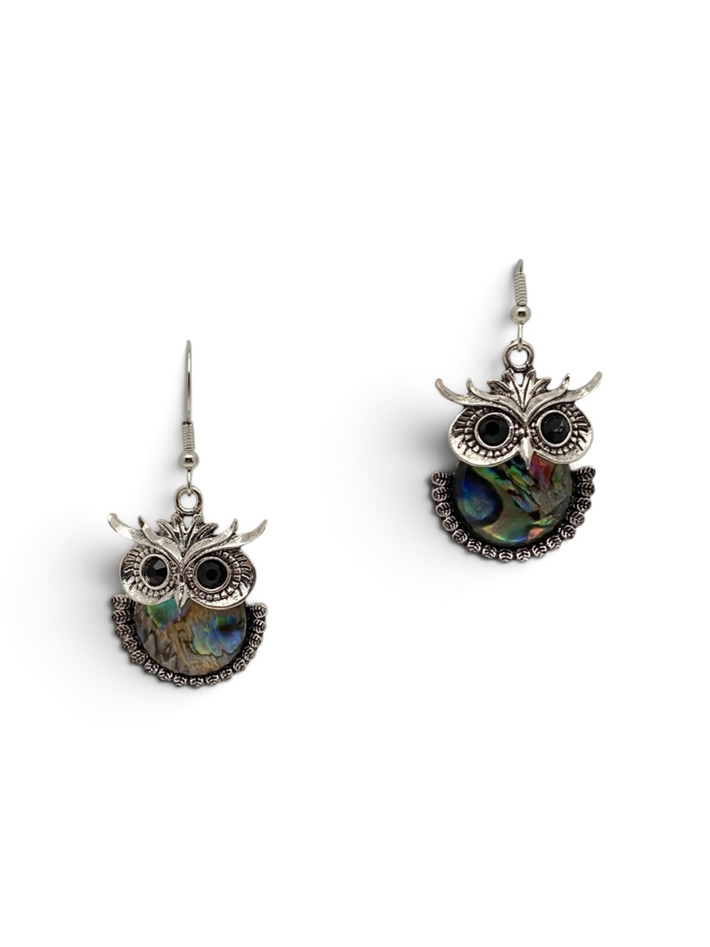 Abalone Owl Drop Earrings - Multicolor Silver
